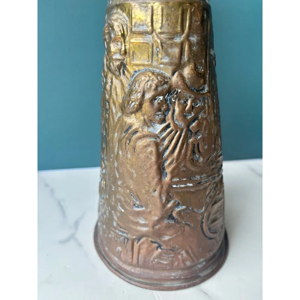 Vintage Embossed Brass Pitcher Repousse Tavern Scene Decorative 10 Inch England